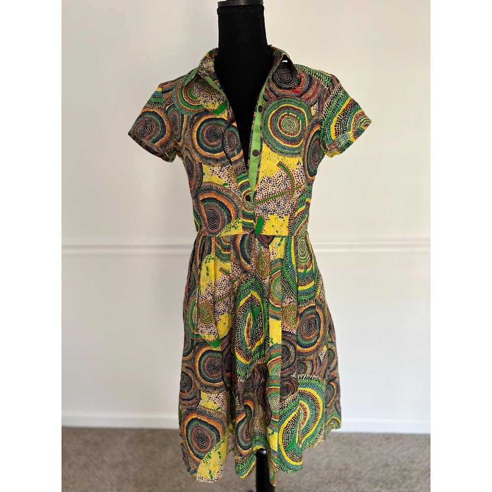 Retro swirl print Shirt Dress Mini boho green multicolour Size S - Picture 5 of 9